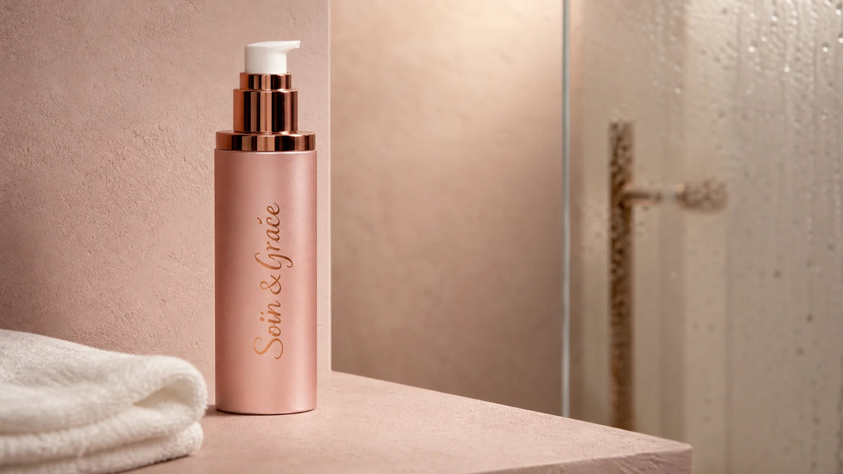 Immersive premium product portrait for a 16:9 PDP chapter image. Place the exact lotion bottle uprig